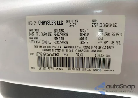 2008 Dodge Dakota Sxt/Bighorn/Lonestar из США, поврежденный, VIN 1D7HE32K28S559933